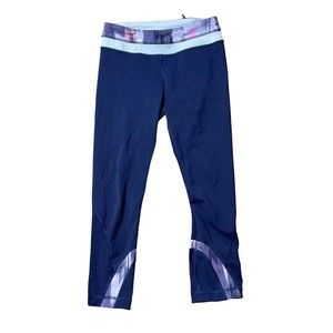 Lululemon Run Inspire Crop II Back Zip Pockets Navy Blue Tie Dye Leggings Size 4